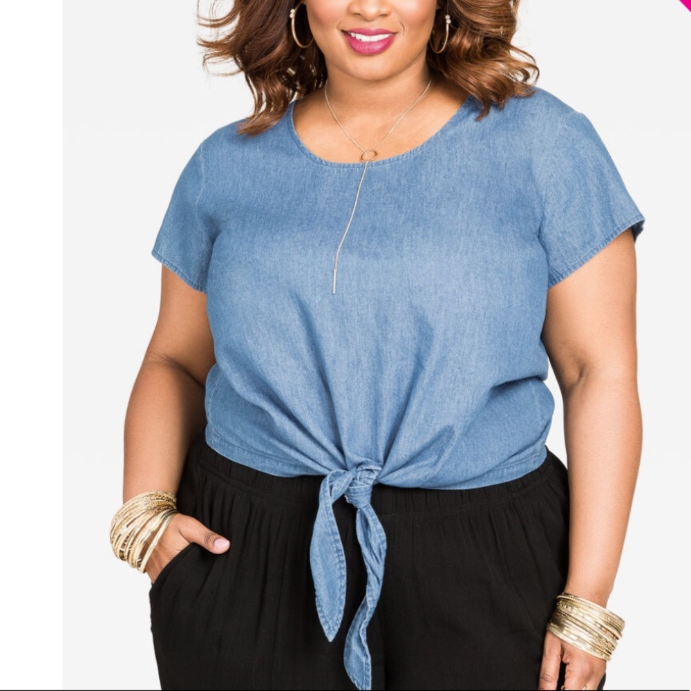 Ashley Stewart Chambray Tie Front Top
